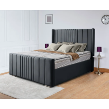 (Double-4ft6 (Without Gaslift), Grey Plush) WINGED OTTOMAN PLUSH VELVET UPHOLSTERED BED FRAME WITH/WITHOUT STORAGE (Only Bed)