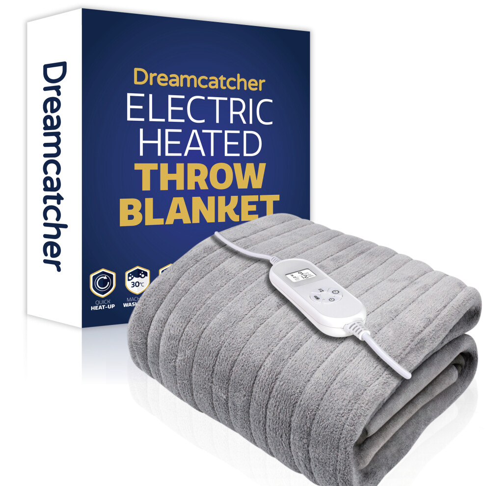 Dreamcatcher Dreamcacther Deluxe Electric Throw Heated Double Over Blanket Soft Fleece 9 Heat & 12 Timer Settings Silver