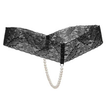 Sexy Women Crotchless Panties Sheer Lace Thong Underwear Pearls Strings Black