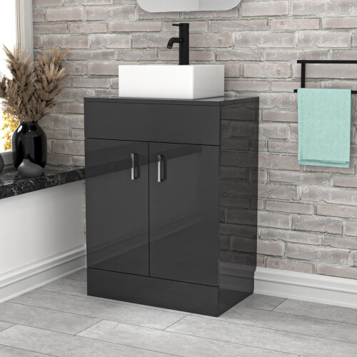 NES Home Nes Home Dark Grey 600mm Bathroom Doors Vanity Unit Rectangle Ceramic Basin