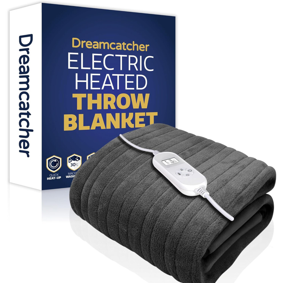 Dreamcatcher Deluxe Electric Throw Heated Double Over Blanket Soft Fleece 9 Heat & 12 Timer Settings Grey