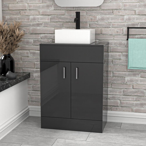 NES Home Nes Home Dark Grey 600mm Bathroom Doors Vanity Unit Rectangle Ceramic Basin 2