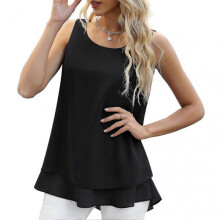 Women Chiffon Top Double Layers Round Collar Pure Color Loose Type Sleeveless Summer T Shirt White S