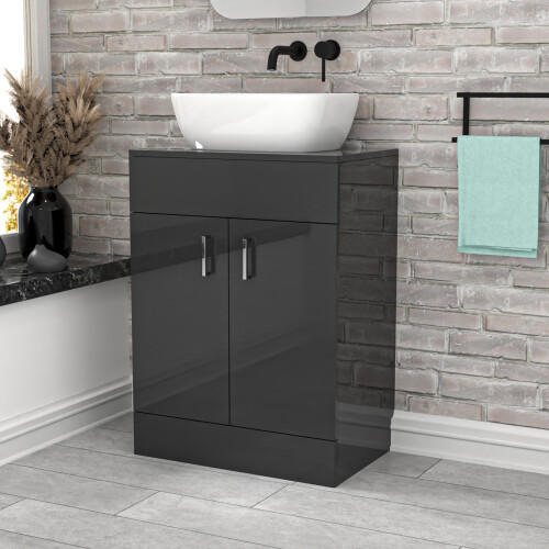 NES Home Nes Home Dark Grey 600mm Bathroom Doors Vanity Unit Rounded Rectangle Basin