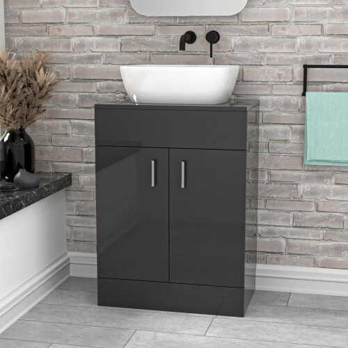 NES Home Nes Home Dark Grey 600mm Bathroom Doors Vanity Unit Rounded Rectangle Basin 2