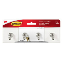 Command Key Rail, 1 Rail with 4 Hooks and 6 Adhesive Small Strips, Removable for Entryway or Hallway, Hang Keys, Hats, Dog Leashes, and Accessories -