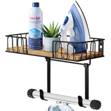 TJ.MOREE Ironing Board Hanger Metal Wall Mount Iron and Ironing Board Holder, Laundry Room Decor and Storage with Large Storage Black Wooden Base