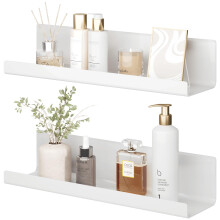 LOFTPLUS White Floating Wall Shelves Set of 2 - Acrylic No Drill Shelf for Books and Photos, Self Adhesive Shelf for Kitchen, Living Room, Bathroom,