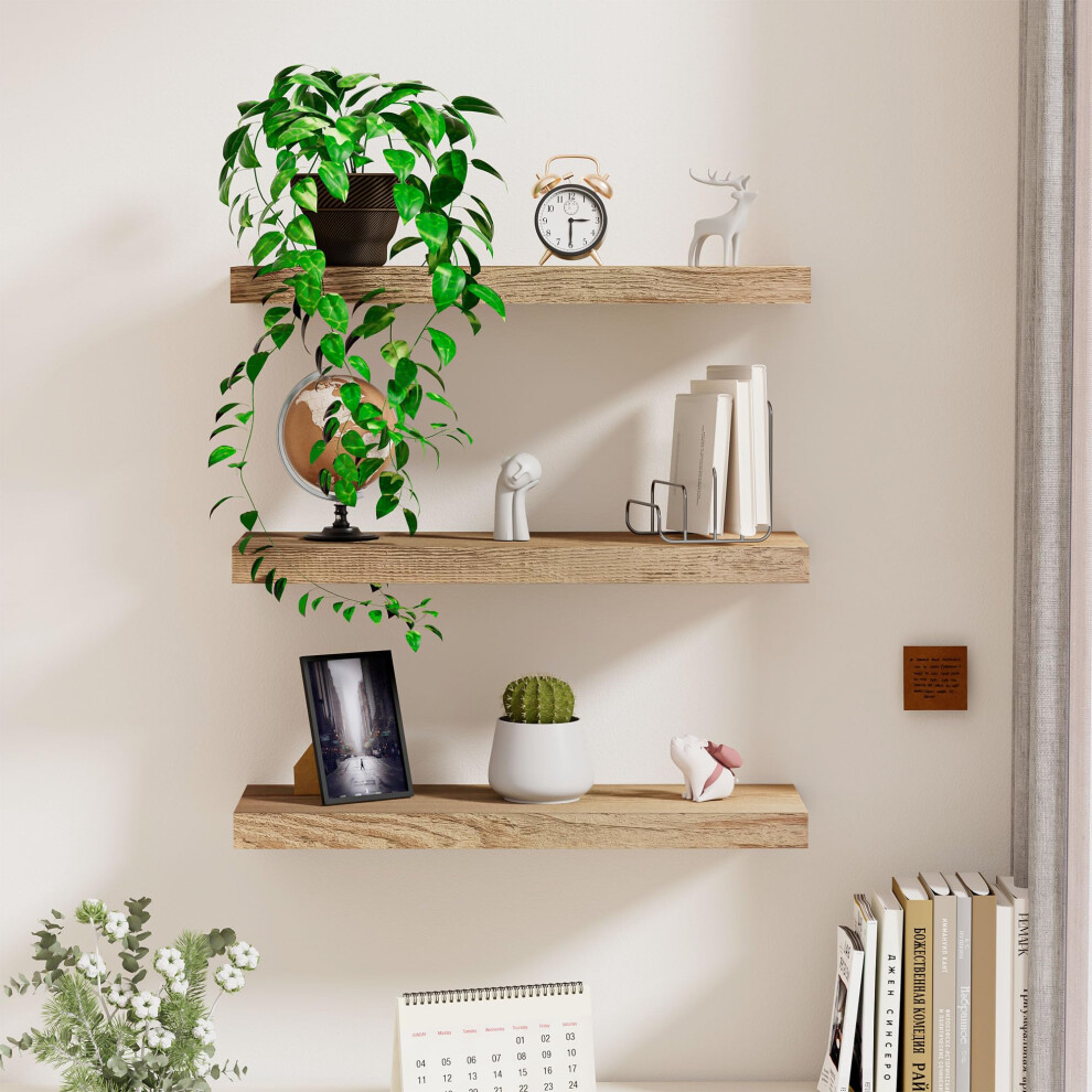 Wooden Floating Shelves Set Of 3, Wall Mounted Rustic Shelves, Decorative Floating Shelf Length 40 Cm, Wall Display Racks With Invisible Brackets For 5051220934298