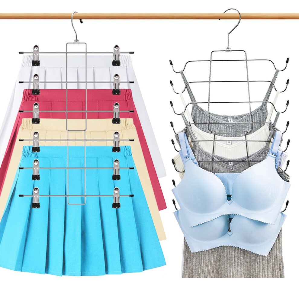 2 Pcs Closet Organizer, 8 Tier Tank Top Hanger and 6 Tier Skirt Hangers with Clips for Women, Bra Tie Jeans Pants and Storage Space Saving, Non-Slip