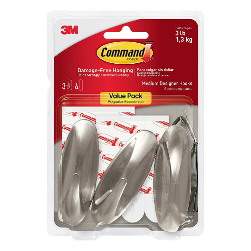 3M Command Designer Hooks, Medium, Brushed Nickel, 3-Hooks (17081BN-3ES), Great for dorm decor