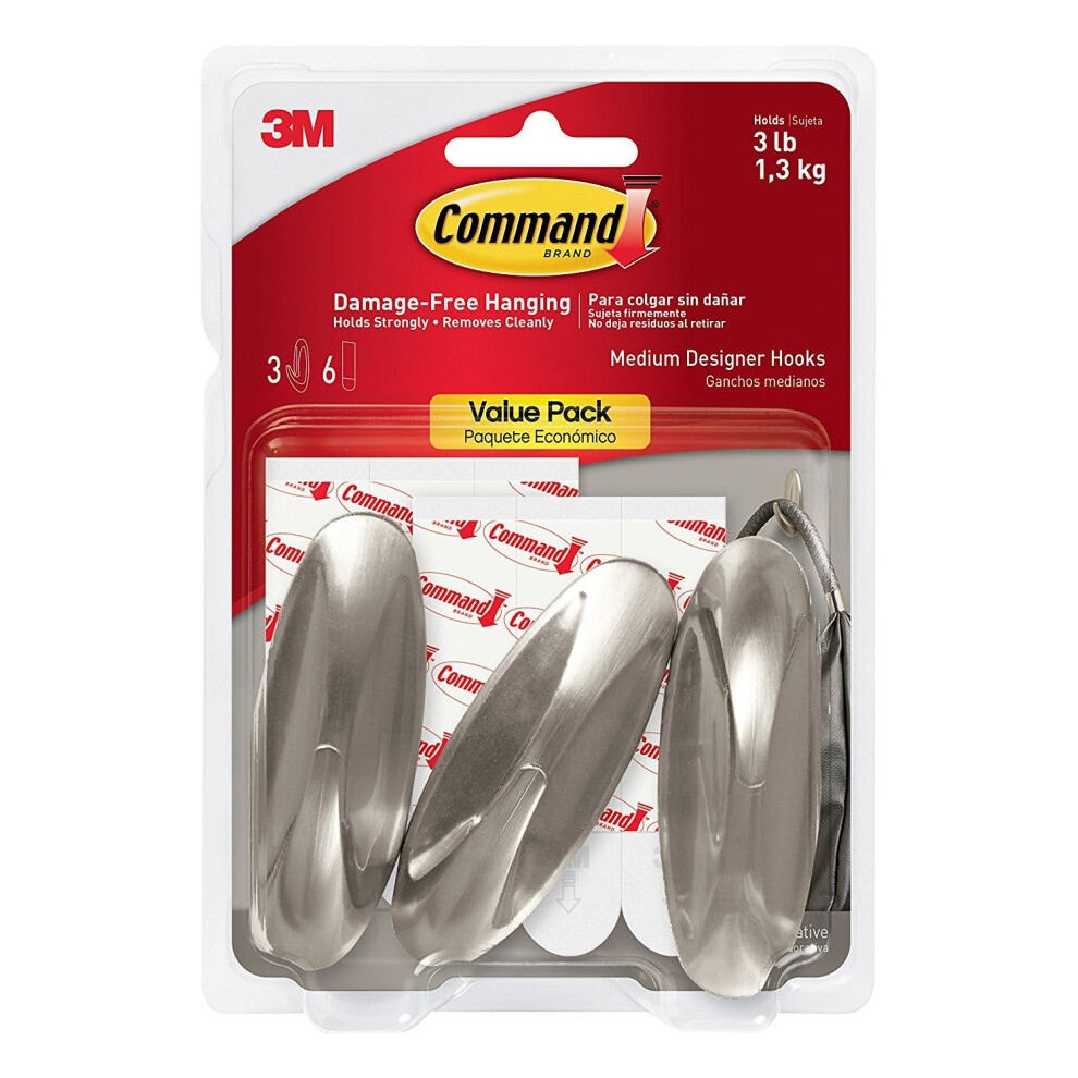 3M Command Designer Hooks, Medium, Brushed Nickel, 3-Hooks (17081Bn-3Es), Great For Dorm Decor