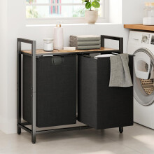 Laundry Basket 2 Compartments 95L, Double Laundry Basket with Shelf and Double Pull-Out Removable Bags, Laundry Bin, Large Washing Basket, Wooden