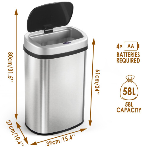 display4top Stainless Steel Automatic Touchless Kitchen Bathroom Sensor Bin,Trash Can,Touch Bin (58LRound) 1