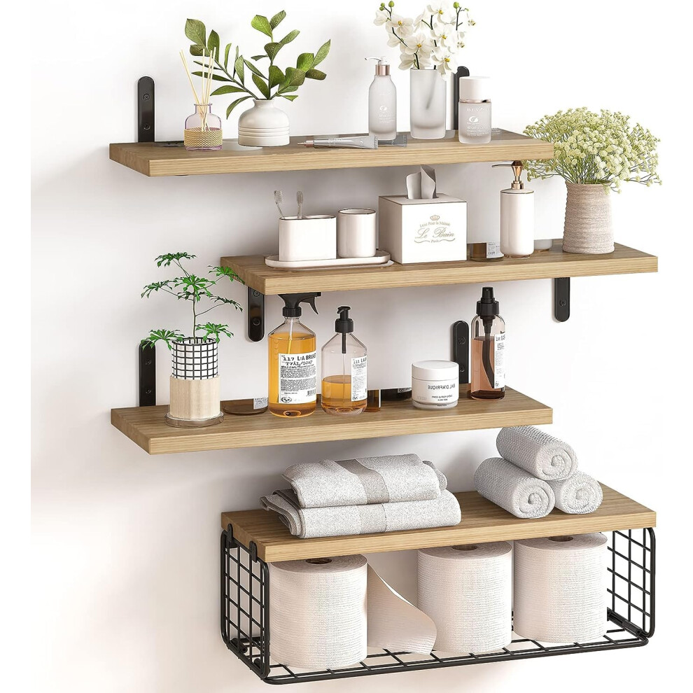 4+1 Tier Floating Shelves, Rustic Wood Wall Mounted Shelf, Bathroom Shelves Over Toilet With Wire Storage Basket, Farmhouse Wall Decor For Bedroom, 5051220935981