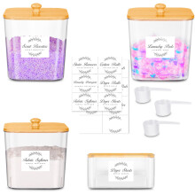 efluky 3+1 Pack Laundry Pods Container and Dryer Sheet Holder Set with Bamboo Lid and 16 Labels, Laundry Containers, Clear Laundry Room Organization