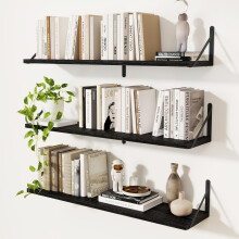 Feihorrm Wall Mounted Floating Book Shelves with Brackets, 90cm Floating Shelves Set of 3, Floating Shelves Wooden Wall Mounted Shelves for Wall
