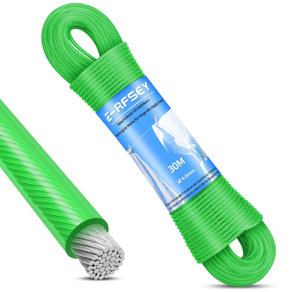 New E-Rfsey 30 M Washing Line With Steel Core Outdoor Heavy Duty Extra Strong Clothes Lines With A Load Capacity Of 120 Kg, Rustproof And Waterproof Clothes Rope Blue/Green Wäscheleine