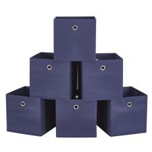 Webeasy Square Navy Canvas Fabric Storage Box, Pack of 6 Eyelet Cube Foldable Open Bins for Home Office Nursery Organisation,28X28X28(CM)
