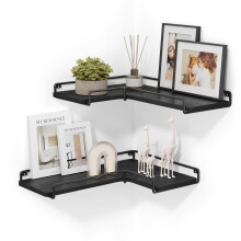 VASAGLE Floating Shelves, Set of 2, L-Shaped Corner Shelves for Wall, Corner Wall Shelf, Industrial Style, for Living Room, Bedroom, Kitchen, Black