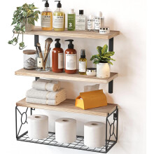 Pipishell Floating Shelves with Wire Strorage Basket, Paulownia Wood Bathroom Shelves for Home Organization & Wall Decor, Bathroom/Kitchen/Living
