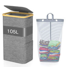 GLOWPOINT 105L Laundry Basket with Lid, Large Foldable Washing Basket with Removable Inner Bag, Water-resistant Oxford Laundry Hamper, Laundry Bin for