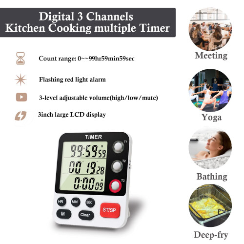 QINFIEY Digital 3 Channels Kitchen Cooking Multiple Timer with Large LCD Count Up Down Stopwatch ON Off Switch Timer for Teaching Reading 3-Level 2
