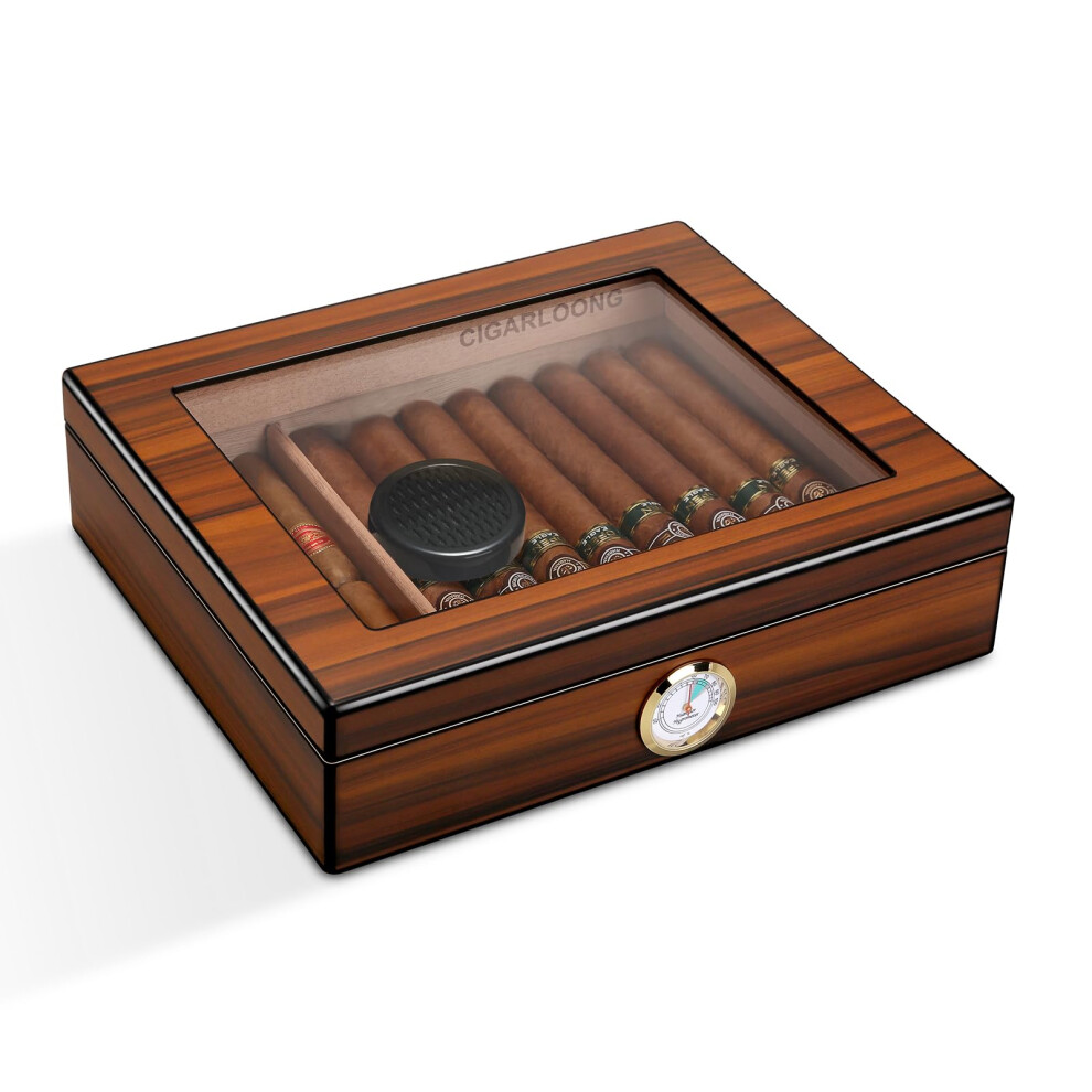 Cigarloong Cigar Humidor 20-25 Desktop Cedar Wood Lined Cigar Storage Box With Hygrometer And Humidifier Brown