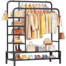 ZHKINGGS Clothes Rails for Bedroom - Heavy Duty Clothes Rail with Double Hanging Clothing Rail, Shoe Rack, Storage Shelves & 4 Coat Hooks, Clothes