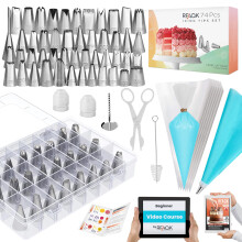 RFAQK 74 PCs Piping Bags and Nozzles | Cake Decorating Kit-48 Numbered Icing Nozzles with Pattern Chart & EBook-Flower Lifter&Nail, Icing Bags and