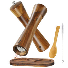 BEZORR Salt and Pepper Grinder Set, 8inch Pepper Mill with Tray, Acacia Salt and Pepper Grinder Set of 2 with Ceramic Grinder, Refillable Spice