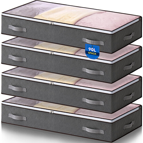 Boic 4 Pack Under Bed Storage Boxes With Lids, 90L Underbed Storage Organiser For Clothes, Comforters, Blankets & Bedding