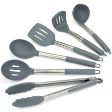 Lantana Premium Silicone Kitchen Utensils Set for Cooking (6 Pieces) - Sleek Grey and Brushed Stainless Steel - Includes Non-Stick Tongs, Serving &