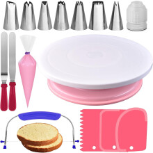 RFAQK 35PCs Cake Turntable and Rotating Cake Stand with Non Slip pad-7 Icing Tips and 20 Bags- Straight & Offset Spatula-3 Scraper Set -EBook-Cake