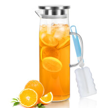 Joeyan 1.5L Glass Water Jug with Lid, Fridge Door Water Jugs, Glass Pitcher Water Carafe for Hot and Cold Drinks, Juice Jug with Cleaning Brush
