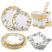 CEILIWEN Green Paper Plate Set for 25 Guests, 125PCS Sage Green Gold Party Tableware - 9'' Dinner Plates, 7'' Side Plates, Disposable Cups, Straws,