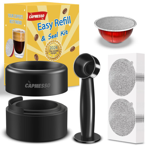 CAPMESSO Reusable Vertuo Pod Refill Kit, 2025 Newest Design for Faster Seal Reusable Nespresso Vertuo Pods with Fill & Press Brush,100pcs Aluminum