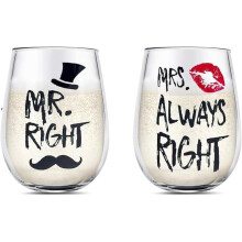 Yalucky Couple Gifts Mr. Right and Mrs. Always Right Stemless Wine Glass Set Engagement Gift Wedding Gift for Couple Golden Wedding Anniversary for