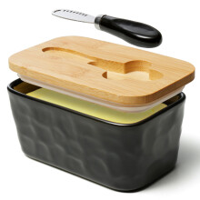 NEOPOO Butter Dish with Bamboo Lid and Knife Made of Ceramic Butter Dishes 16.5 ? 10 ? 7.5 cm ( 500 ML Capacity / Black)