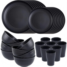 KAHEIGN 32Pcs Unbreakable Black Plastic Dinnerware Set, 8 Sets of 25cm Dinner Plates, 20cm Salad Plates, 720ml Bowls, 360ml Cups - Microwave &