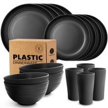 Teivio 16-Piece Kitchen Plastic Dinner Set, Service for 4, Dinner Plates, Dessert Plates, Cereal Bowls, Cups, Unbreakable Plastic Plates and Bowls
