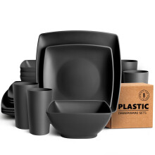 Teivio 16-Piece Kitchen Reusable Plastic Square Dinner Set, Service for 4, Dinner Plate, Dessert Plate, Cereal Bowl, 13.5 oz Cup, Unbreakable Plastic