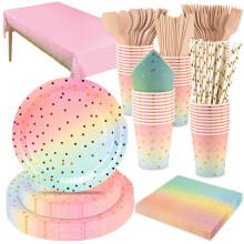 CEILIWEN 201PCS Pink and Gold Party Tableware Set, Disposable Party Dinnerware Set Includes Tablecloth,9''&7'' Paper Plates,Cup,Napkin,Straw,Wooden