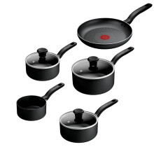 Tefal Titanium Essential 5pc Set: Saucepan 16/18/20 cm + Lids, Milkpan 14cm & Frying pan 24 cm, Non-Stick Coating, Metal Safe, All Hobs Compatible