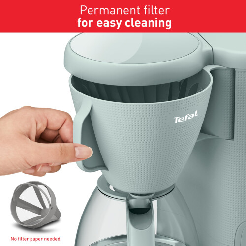 Tefal Tefal Morning Filter Coffee Maker - Eucalyptus, 1.25L Capacity, Permanent Reusable Filter, Drip-Stop System, Keep-Warm Function, Easy Fill Water Tank, 2