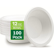 LATERN 100Pcs Disposable Bagasse Bowls, 360ml White Rigid, 100% Biodegradable Compostable Sugarcane Bowls for Daily Use, Restaurants, BBQ Party