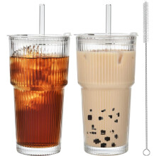ALINK 2 Pack 20 oz Ribbed Glass Cups Tumblers with Lids and Straws Glassware Set, Thickened Glass, Ideal for Iced Coffee, Smoothies, Cocktails, and