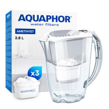 AQUAPHOR Amethyst Fridge Water Filter Jug, Includes 3 x Maxfor+ Cartridges to Reduce Lime, Chlorine & Heavy Metals, Plastic, Volume 2.8 L, White