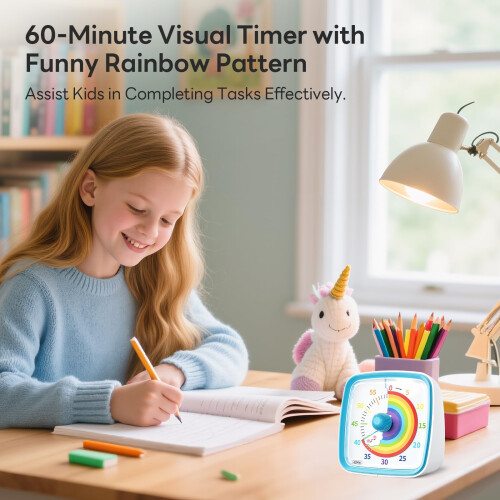 Yunbaoit Visual Timer for Kids & Adults, 60 Minute Rainbow Countdown Timer with Silent Flash Function, Time Management Tool for Classroom, Home, 1