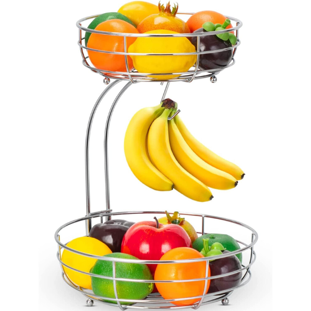 Mutool 2-Tier Fruit Basket, Detachable Countertop Fruit Rack with Banana Hanger, Kitchen Wire Fruit Vegetables Bowls, Metal Basket Storage Holder for